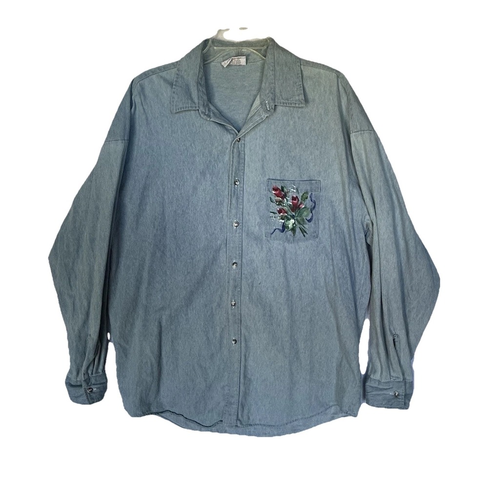 Vintage Crystal Springs Woman's Shirt Roses Painted Denim Grandma Style Large